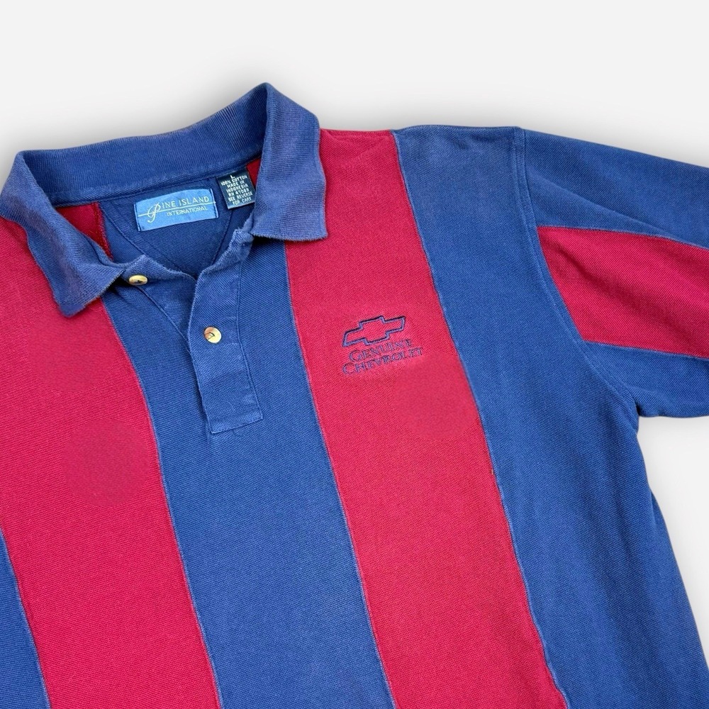 Vintage Pine Island‎ Genuine Chevrolet Polo Shirt Mens Large Blue Red Striped L - Picture 2 of 7